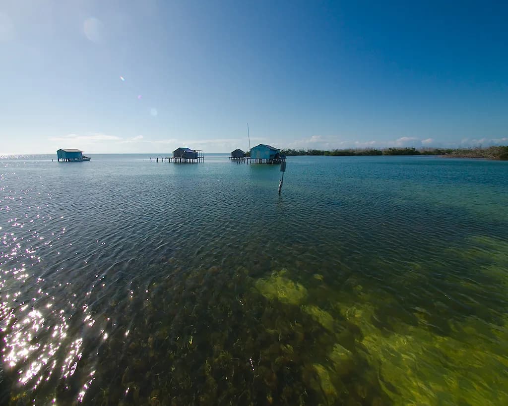 Wooden fishermen's stilt houses standing over shallow water at Cayo Centro, Banco Chinchorro