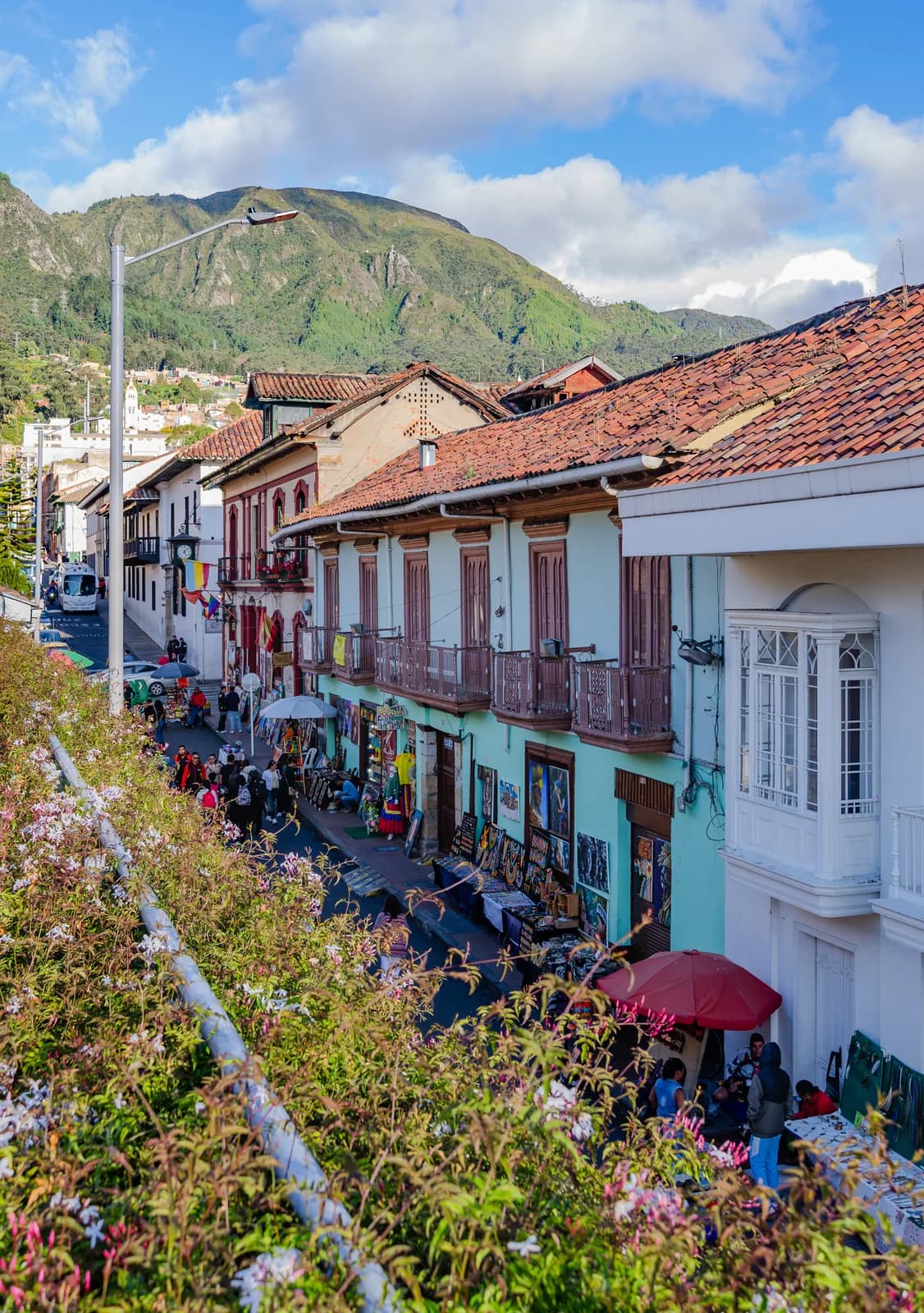 Colourful colonial buildings lining a street in Bogotá's La Candelaria district