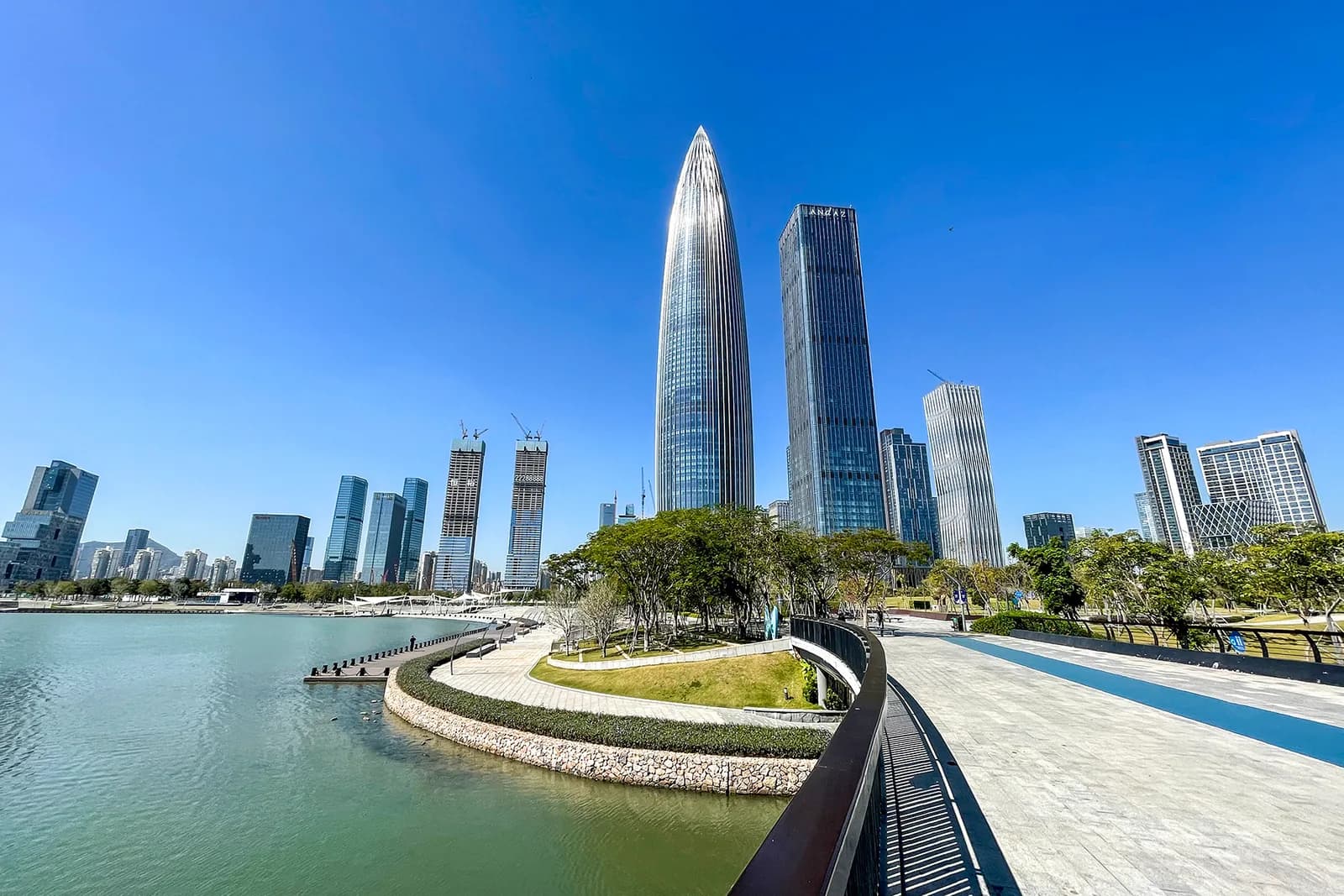 The Shenzhen Bay skyline with high-rise towers reflected in the water