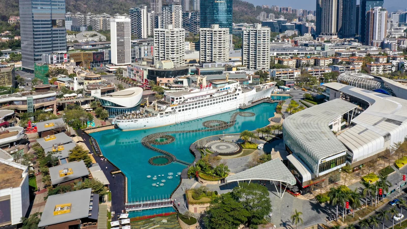 The Sea World plaza in Shekou, Shenzhen, with the Minghua ship lit up at night