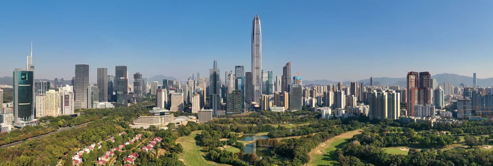 Wide panorama of the Futian district skyline in Shenzhen